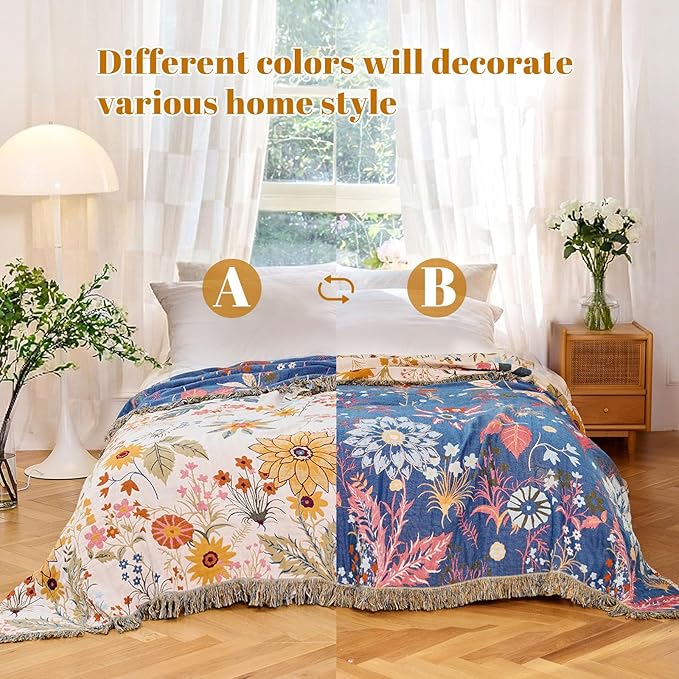 MSGKV Boho Throw Blanket for Bed 60"x80" Cotton Floral Twin Size Blanket - Image 4