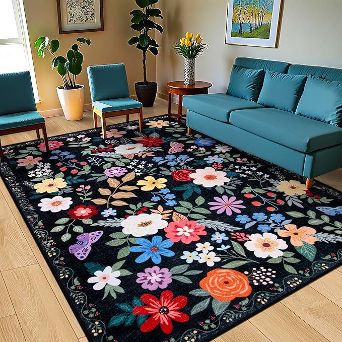 Area Rugs 9x12 Living Room: Floral Washable Rug Vintage Large Soft Boho - Image 2