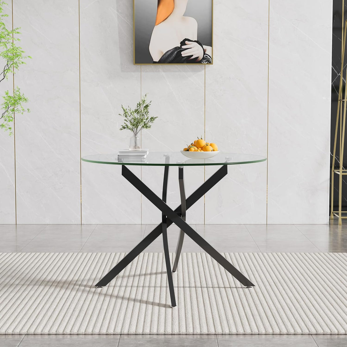 36" Round Glass Dining Table for 4, Circle Kitchen Table with Tempered Glass Top and Black Metal Cross Legs, Modern Small Glass Coffee Dinner Table for Kitchen Dining Room Apartment Office