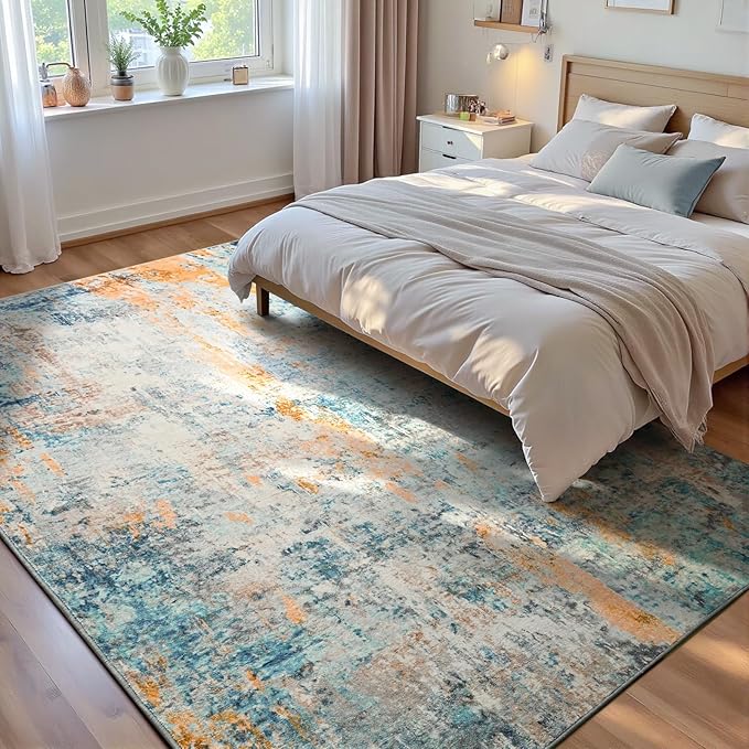 Ompaa Living Room Rug 5x7 Blue Area Rug Machine Washable Boho Rug Non Slip by OmpaaHomeDecor