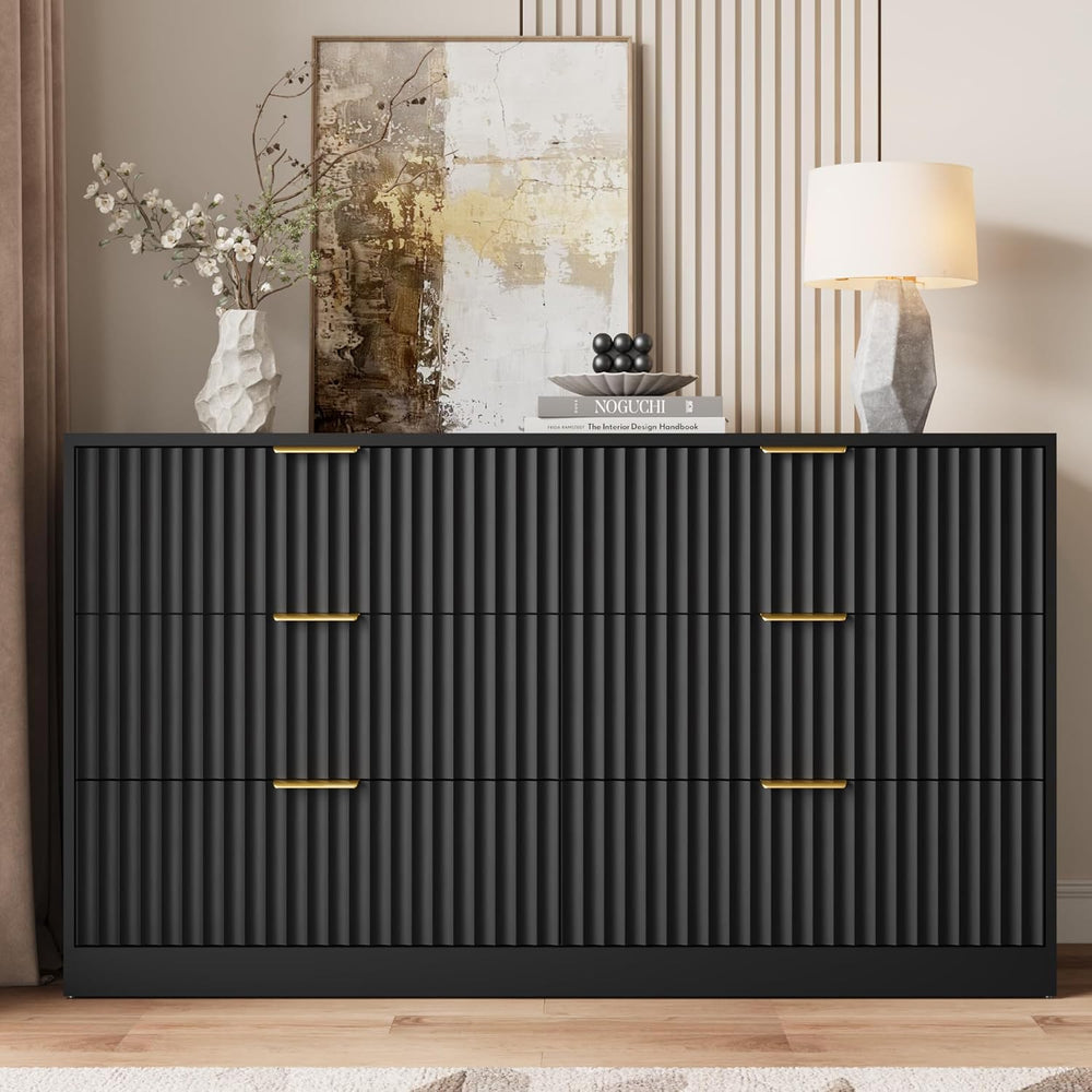 55" Wide Fluted Dresser for Bedroom with 6 Drawers, Black