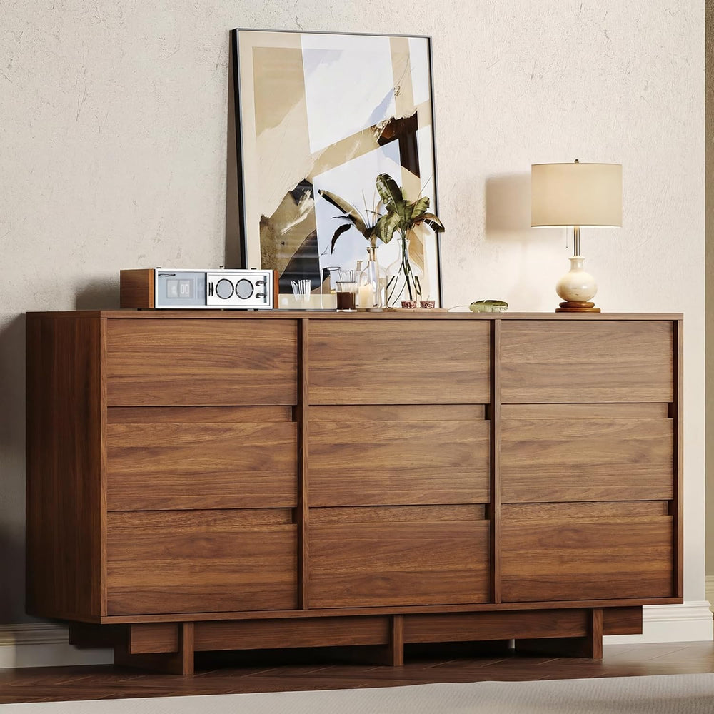 HOUROM 59in 9 Drawer Walnut Dresser for Bedroom, Modern Chest of Drawers