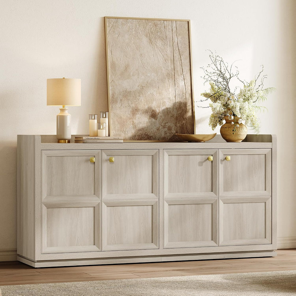 SICOTAS 61.7" 4-Door Buffet Sideboard Cabinet Living Room, Grey White Oa...