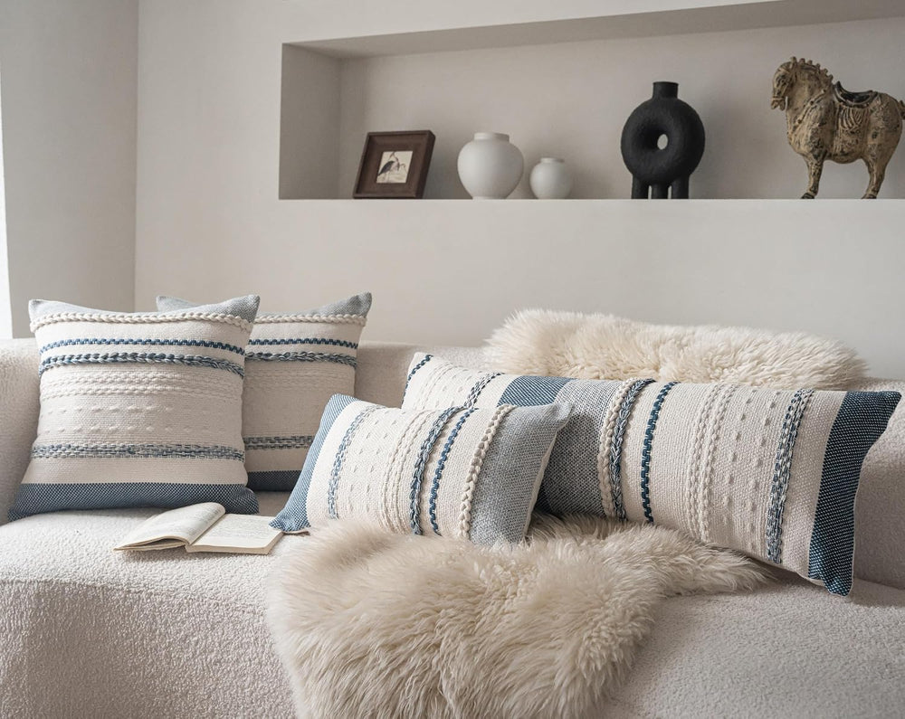 Cethom Boho Lumbar Pillow Covers 14x36 Inch Long, Blue Textured Decorative Co...