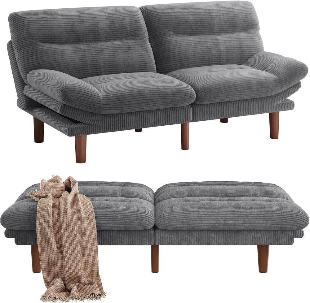 Amada Convertible Corduroy Futon Sofa Bed, 66 inch, Charcoal Gray