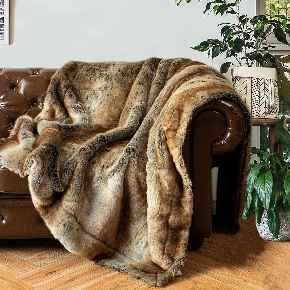 Battilo Large Brown Faux Fur Throw Blanket For Bed, 60"x80", Elegant