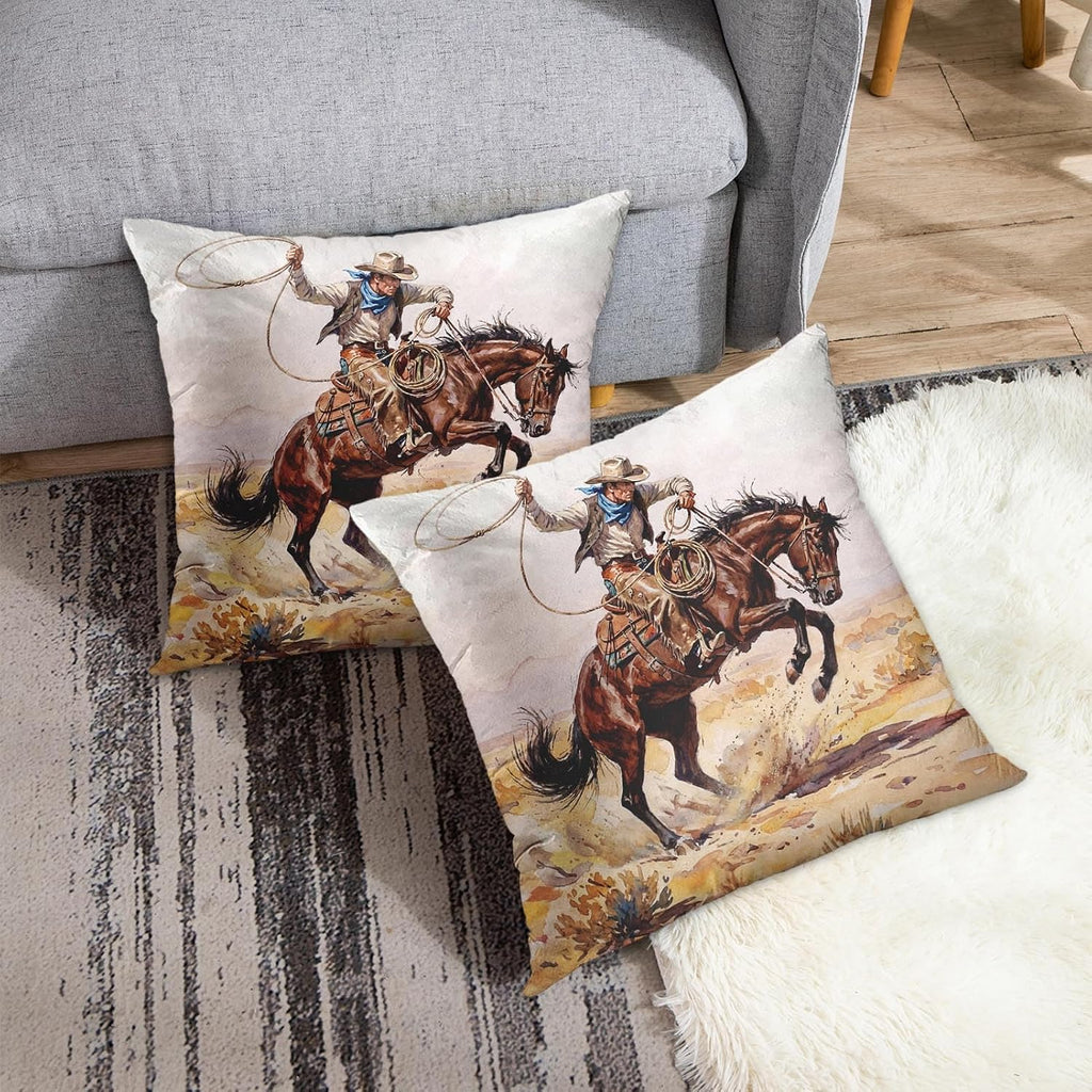 Emvency Throw Pillow Covers Set of 2, 18 x 18 Inch, Western Cowboy Vintage | Wild Horse Outdoor Decorative Square Pillow Cases Couch Cushion Case for Couch Bed Sofa Living Room Home Decor