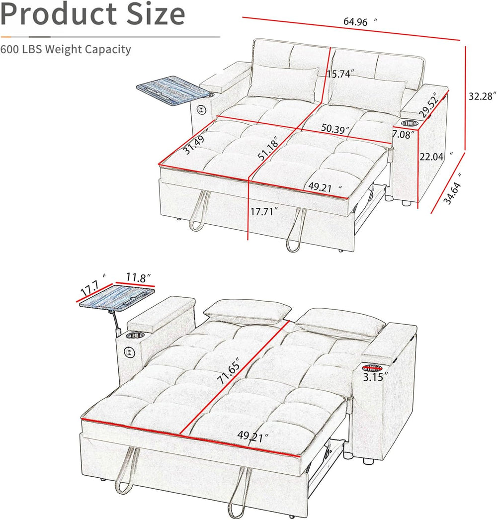 hansones 66" Multi-Functional Pull-Out Sofa Bed with Hidden Side Table, ...