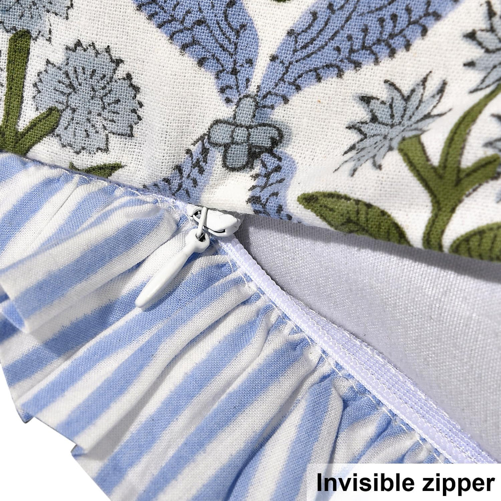 Ridhi Light Steel Blue Floral Block Print Throw Pillow Covers 18 x 18 Inch (S...