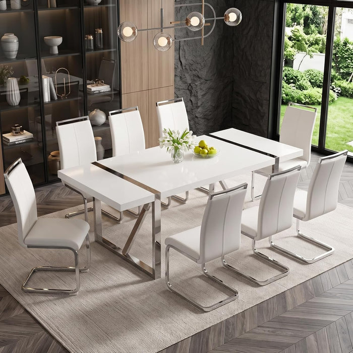 Ebullient White Dining Table Set for 8，Rectangular MDF Kitchen Table and Leather Dining Chairs Set of 8, 9 Piece Dining Room Table Set，Modern Dinner Table Set 8 with Metal Frame for Kitchen