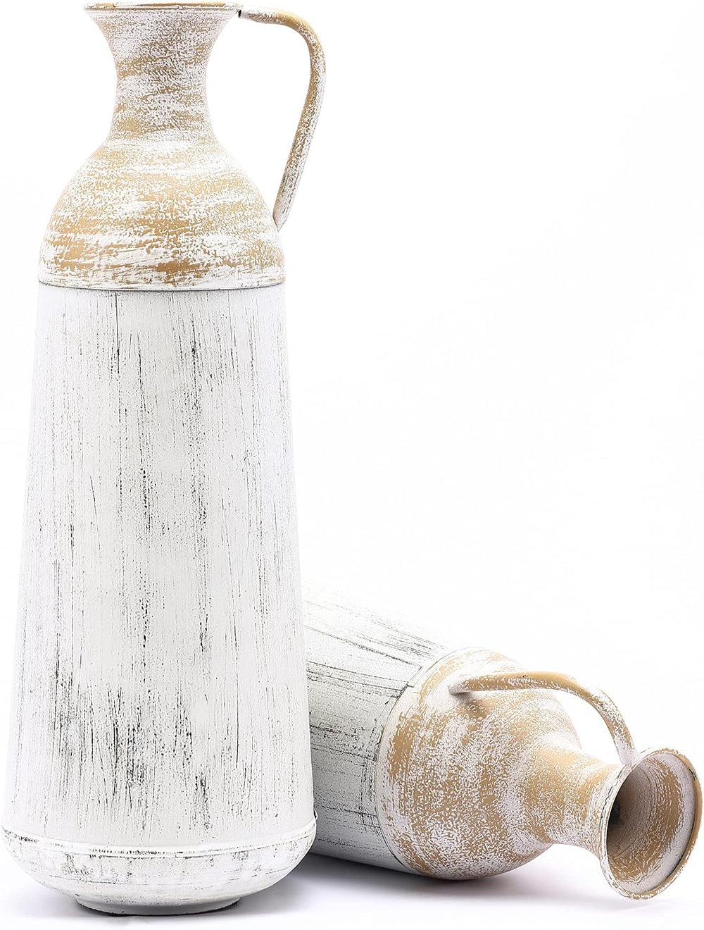 LuxenHöme Tall Floor Vase,Set of 2,Distressed Off White and Brown Rustic Meta...