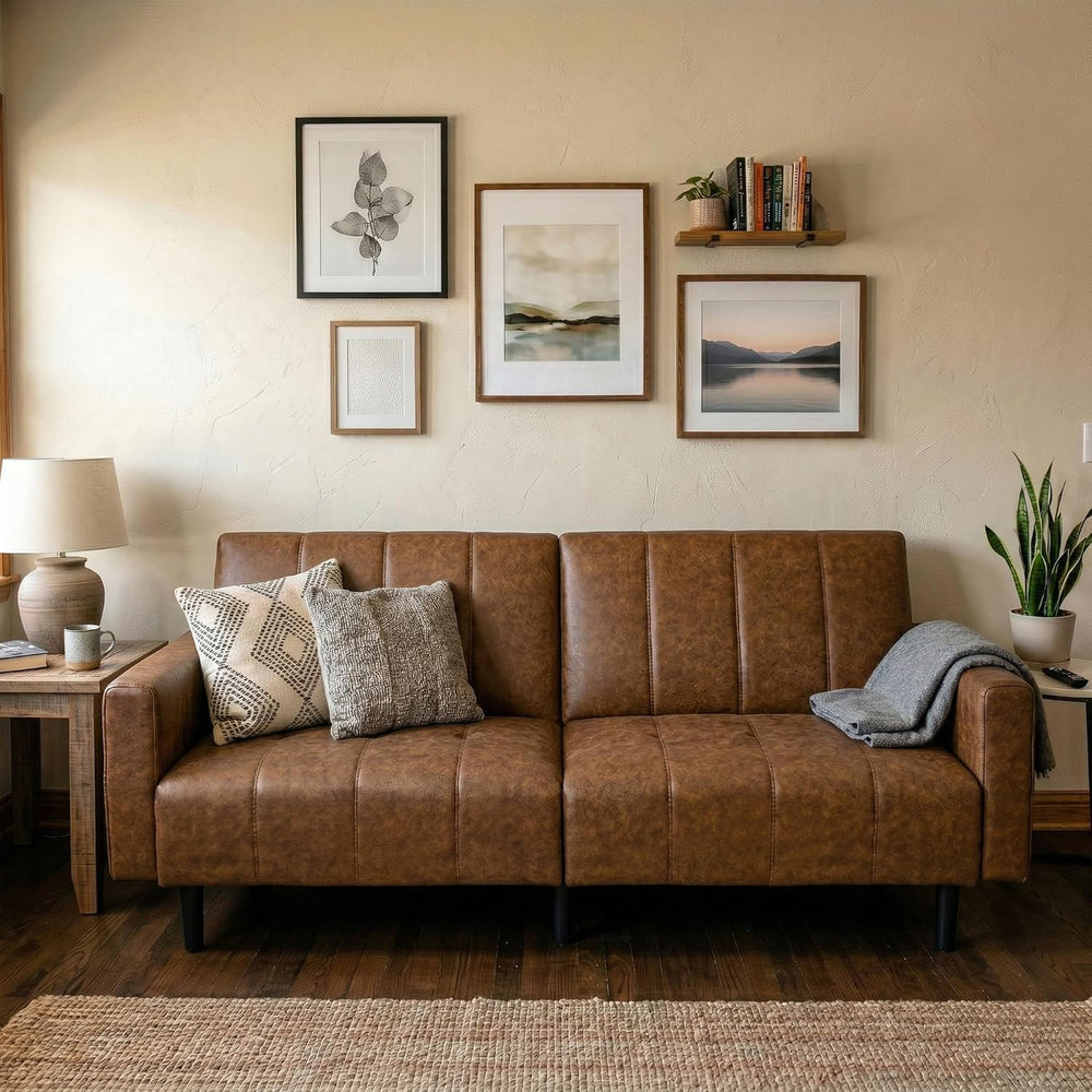 83" Mid Century Modern Faux Leather Sofa, Brown Leather Futon Sofa