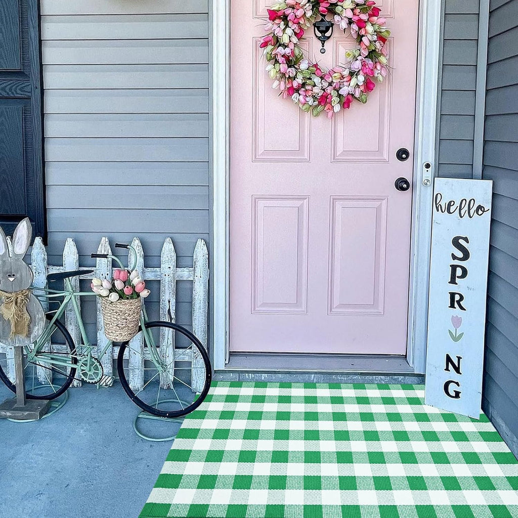 CAINANEL Buffalo Plaid Outdoor Rug Green and White Spring Door Mat Layering Rug Welcome Doormats for Spring Easter Farmhouse Entrance Porch Outdoors Decor