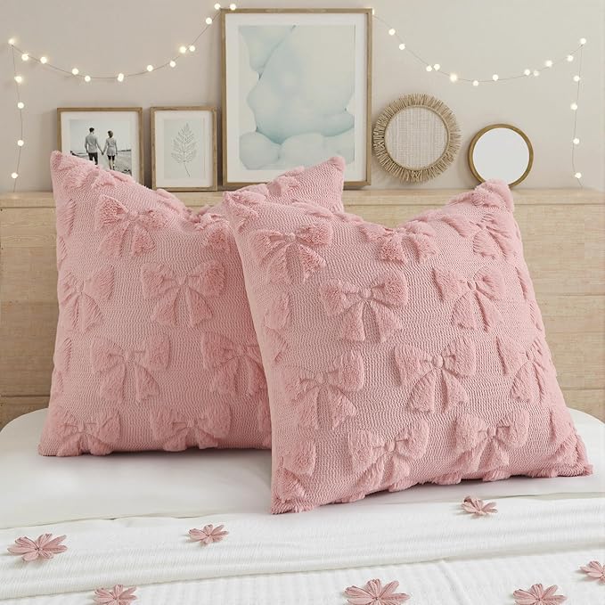 decorUhome Pink Bow Pillow Covers Set of 2 Coquette Aesthetic Cute Preppy Plush - Image 5