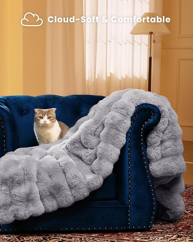 Ultra Soft Cozy Faux Fur Throw Blanket, Fuzzy Plush Thick Bubble Blanket - Image 5