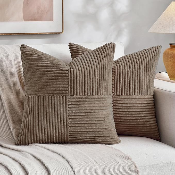 Fancy Homi Set of 2, Light Brown Patchwork Corduroy Decorative Soft Striped by Fancy+Homi