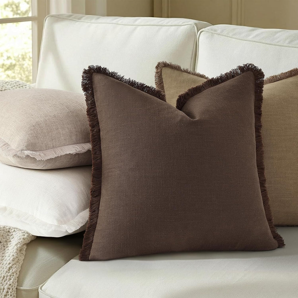 decorUhome Linen Fringe Navy Blue Throw Pillow Covers 18x18 Set of 2
