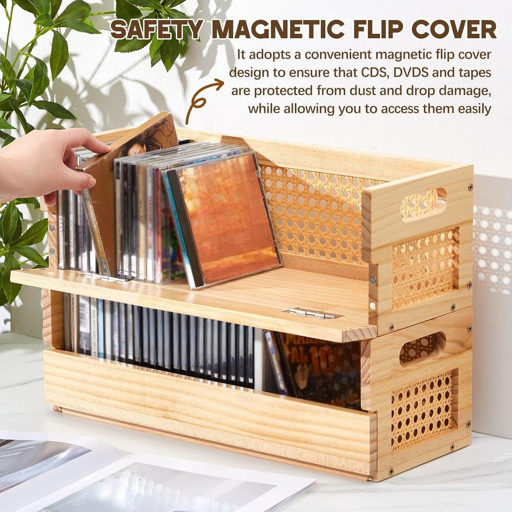 CroBlissful 2 Set Wooden CD Storage Box Holder Shelf with Carrying Handles, R...