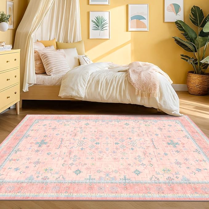 Hazo Haus Pink and Blue Washable 5x8 Living Room Rugs, Boho Aethestic Oushak - Image 3