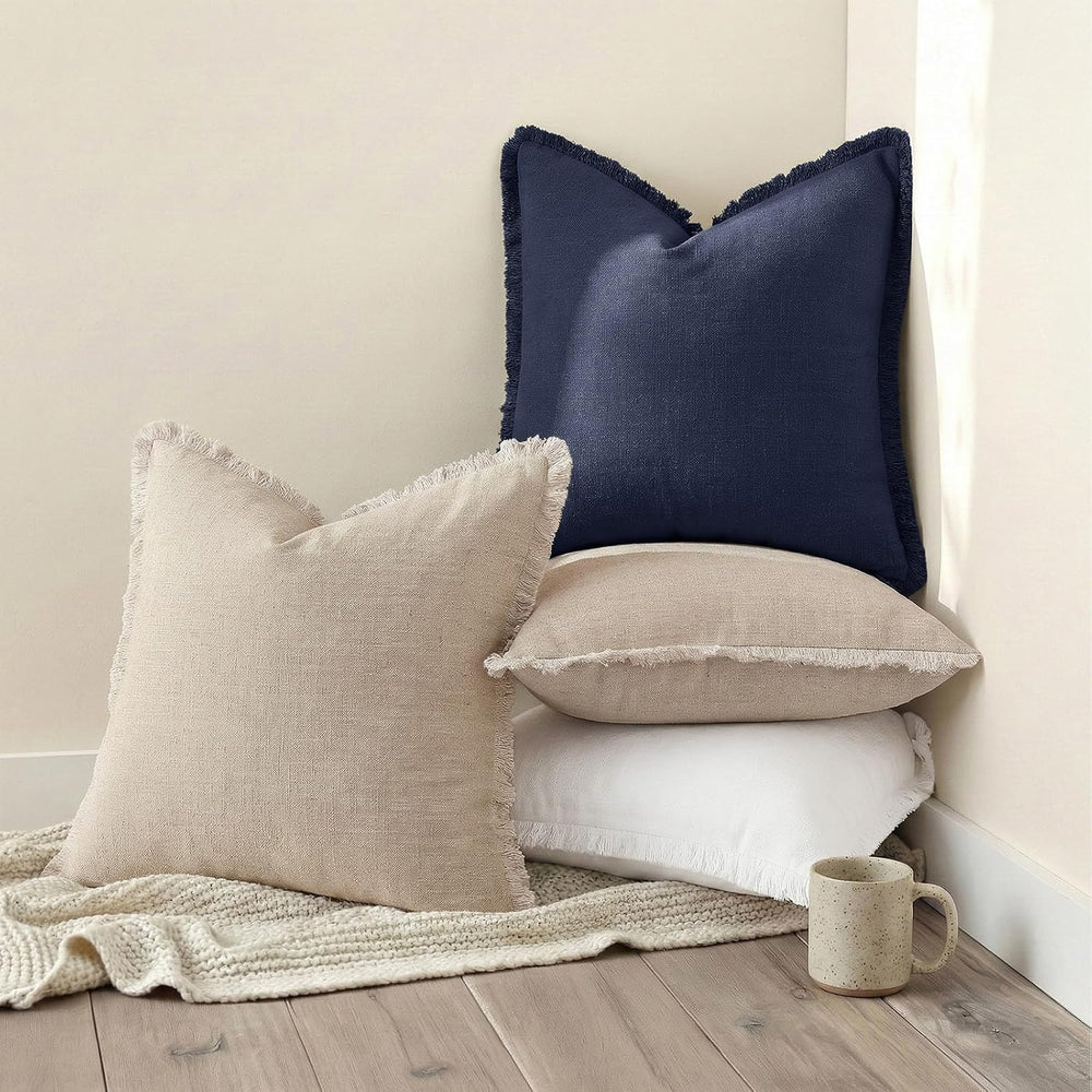 decorUhome Linen Fringe Navy Blue Throw Pillow Covers 18x18 Set of 2