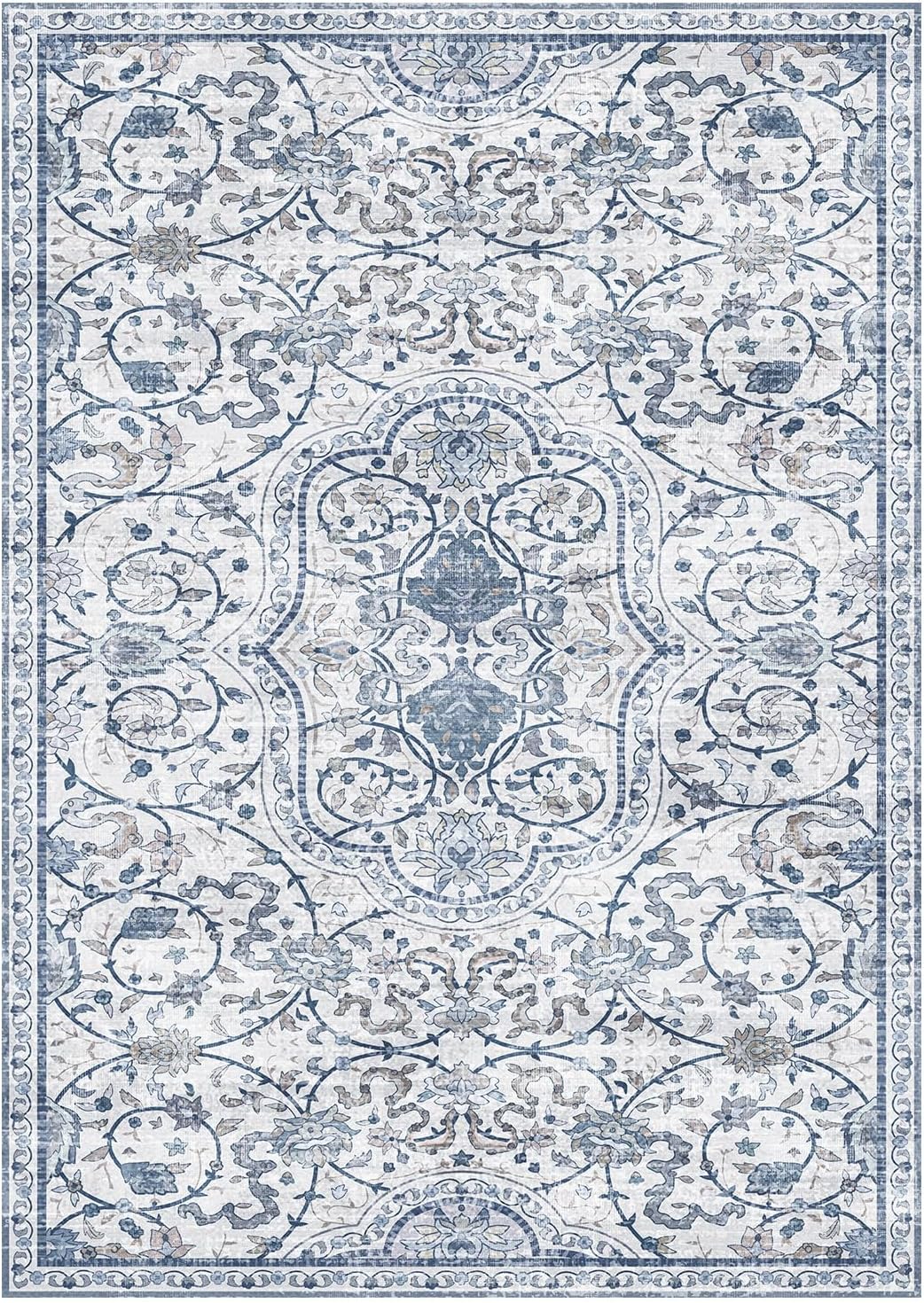 2'×6' Blue Floral Vinyl Runner Rug, Non-Slip Floor Mat for Hallway, Kitchen, Entryway, Waterproof&Stain-Resistant Vinyl Floor Mat, Easy Clean Plastic Floor Protector for High Traffic Areas, Runners