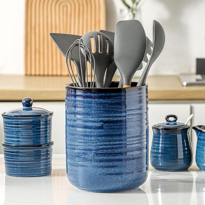 HASENSE Ceramic Kitchen Utensil Holder, 7.4" x 6.2" Large Countertop Utensil - Image 3