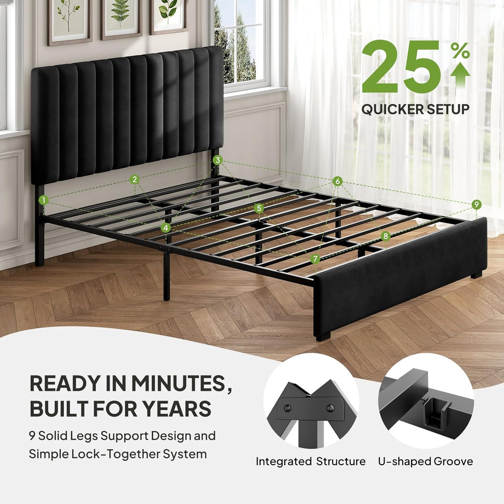 Welzona Full Size Velvet Upholstered Bed Frame with Tufted Headboard, Black