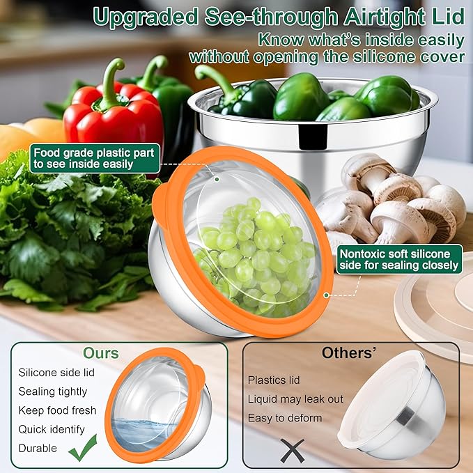 E-far Mixing Bowls with Lids and Graters, Stainless Steel Salad Mixing Bowl - Image 2