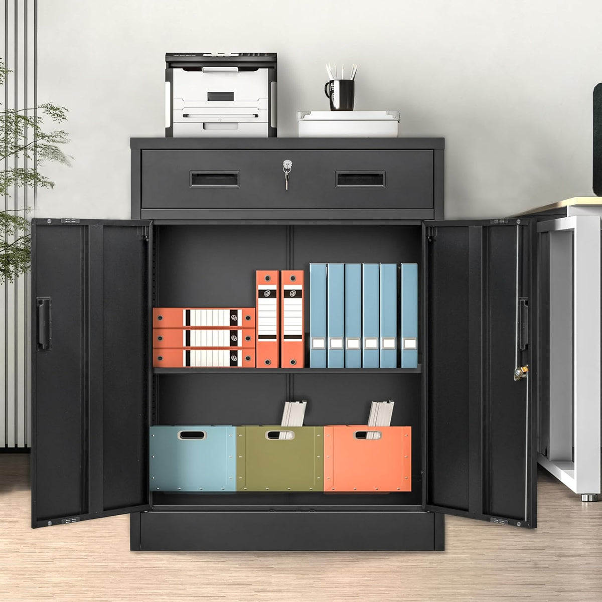 metal storage cabinet, 36" h x 28" w shown in use