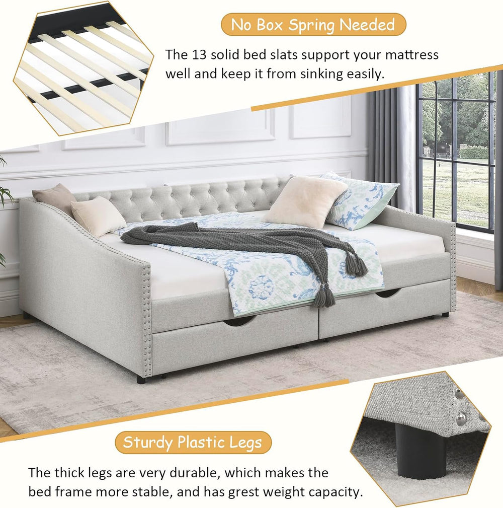 Wood Queen Size Daybed, Day Bed Frame with 2 Storage Drawers, Upholstered Bed...