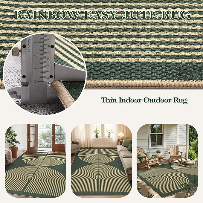 Lahome Enfys Modern Rainbow Easy Jute Indoor Outdoor Rugs, 5x7 Dark Green Rug - Image 3