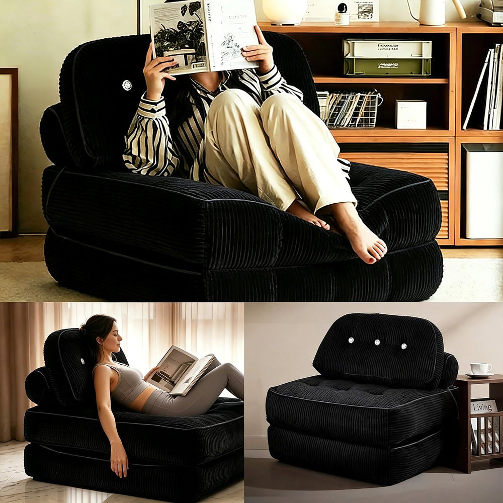 Folding Sofa Bed, Flannel Futon Couch Bed with Pillow and Blanket, Convertibl...