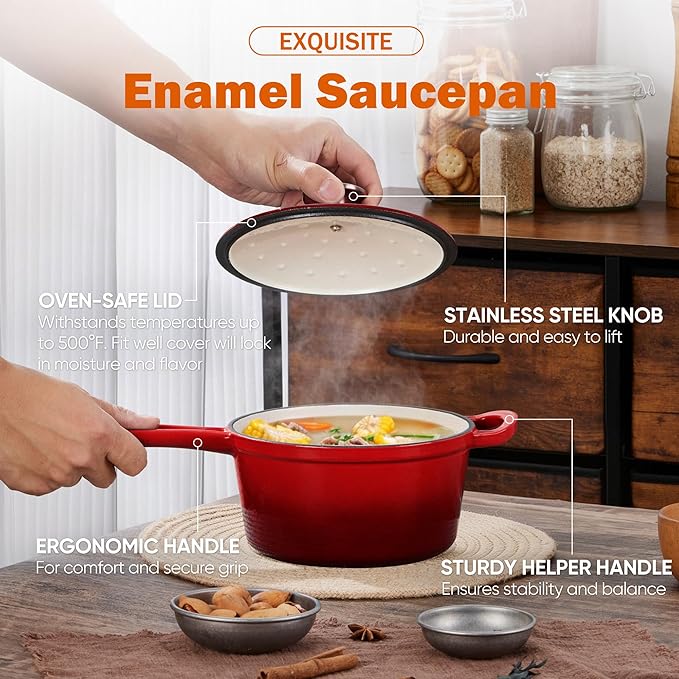 Homikit 1 Quart Saucepan with Lid, Small Enameled Cast Iron Sauce Pan, Enamel - Image 3