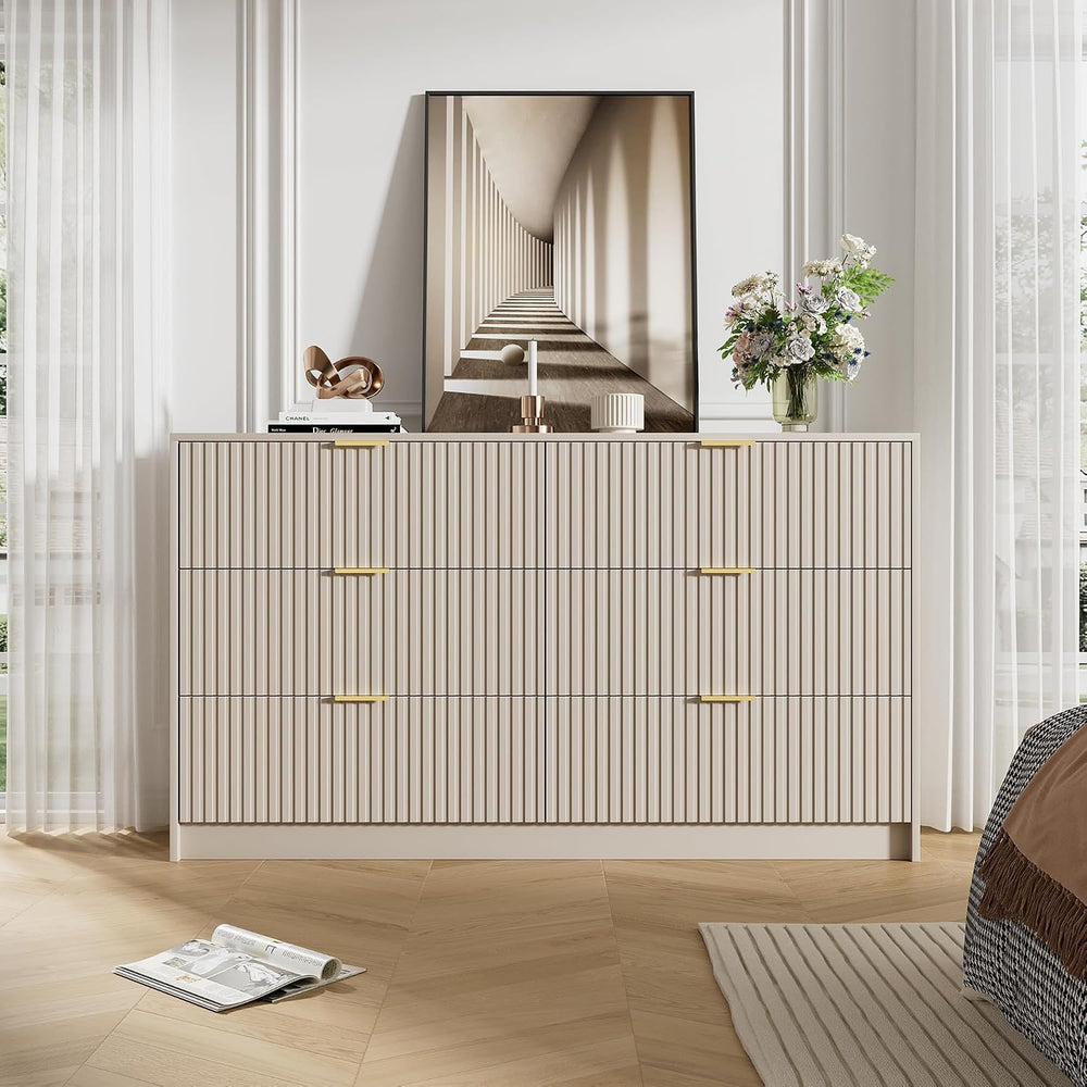 3 Piece Modern Bedroom Set, 6 Drawer Dresser with 2 Nightstands, Beige