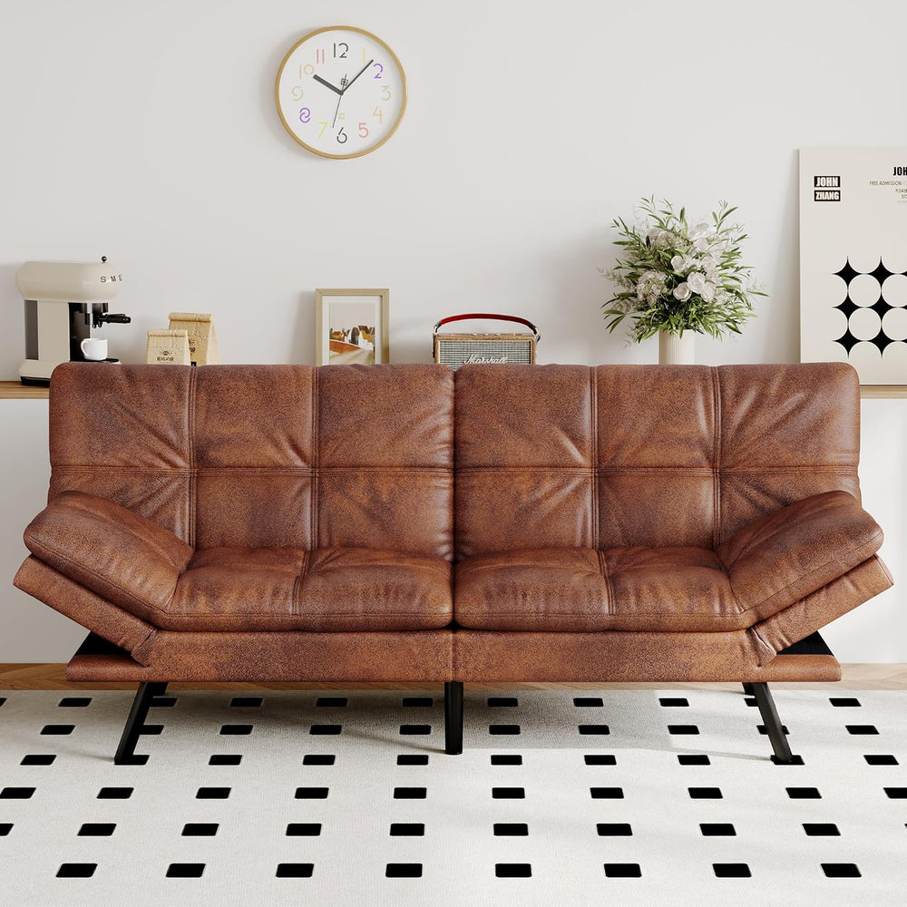Futon Sofa Bed Convertible Couch, Brown Faux Leather Sofa Bed