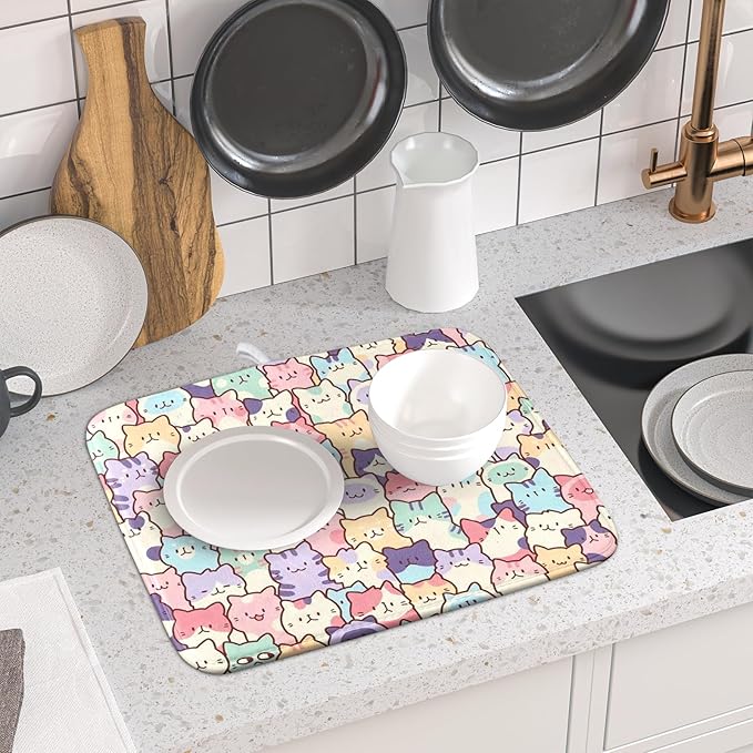 Colorful Cats Dish Drying Mat 16x18 inch Cute Animal Microfiber Reversible Fast - Image 6