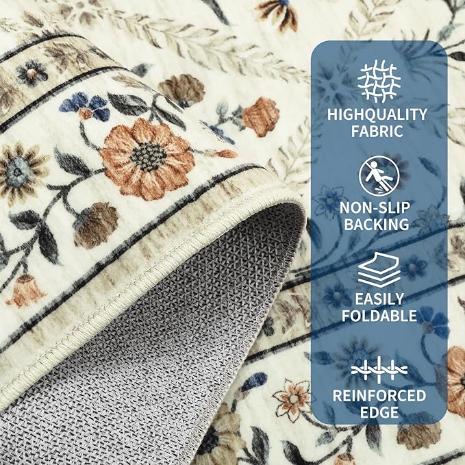 Large Entryway Rug 3x5 Floral Washable Area Rugs Vintage Soft Non-Slip Small - Image 3
