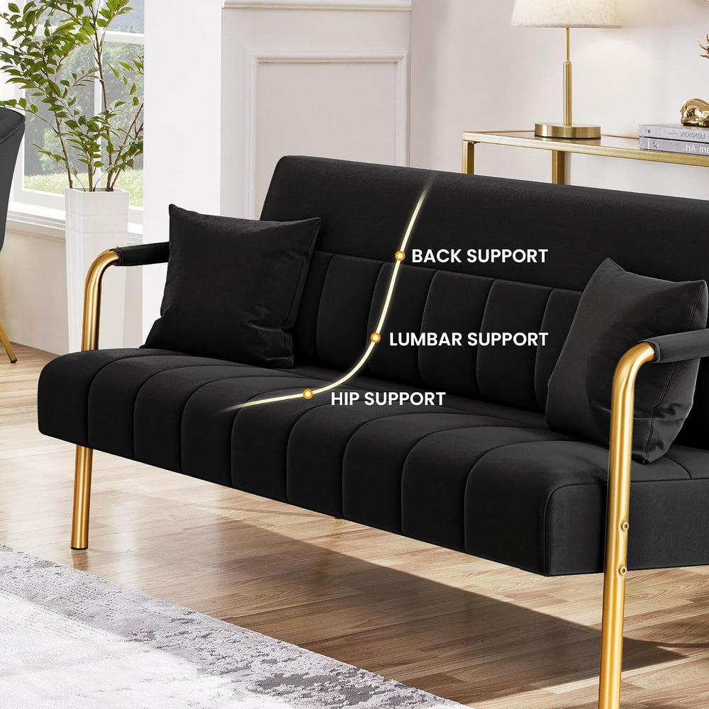 Yaheetech 56.5" Small Sofa 2 Seater Couch with Gold-Tone Legs, Black
