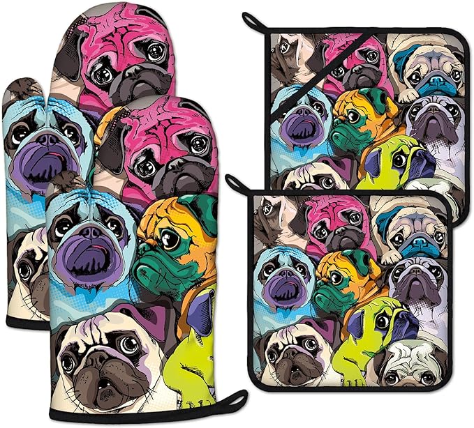 Colorful Pug Dog Face Oven Mitts and Pot Holders Sets Heat Resistant 4Pcs by ANTJOO