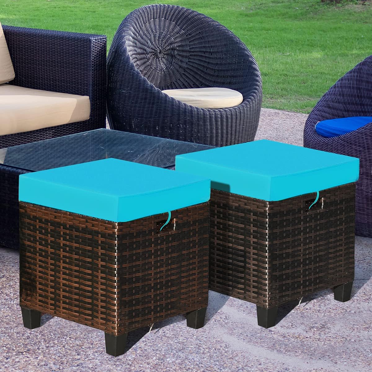 2PCS Patio Outdoor Ottomans, Rattan Wicker Ottoman Seat w/Removable Cushions, Rattan Footstool Footrest Seat, Patio Wicker Furniture Small Chair for Home,Patio, Garden, Backyard (Turquoise)