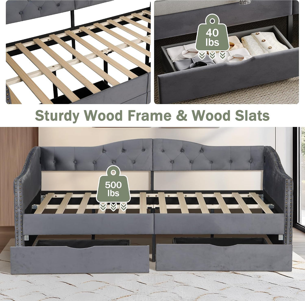 Full Size Daybed with Storage Drawers, Upholstered Daybed