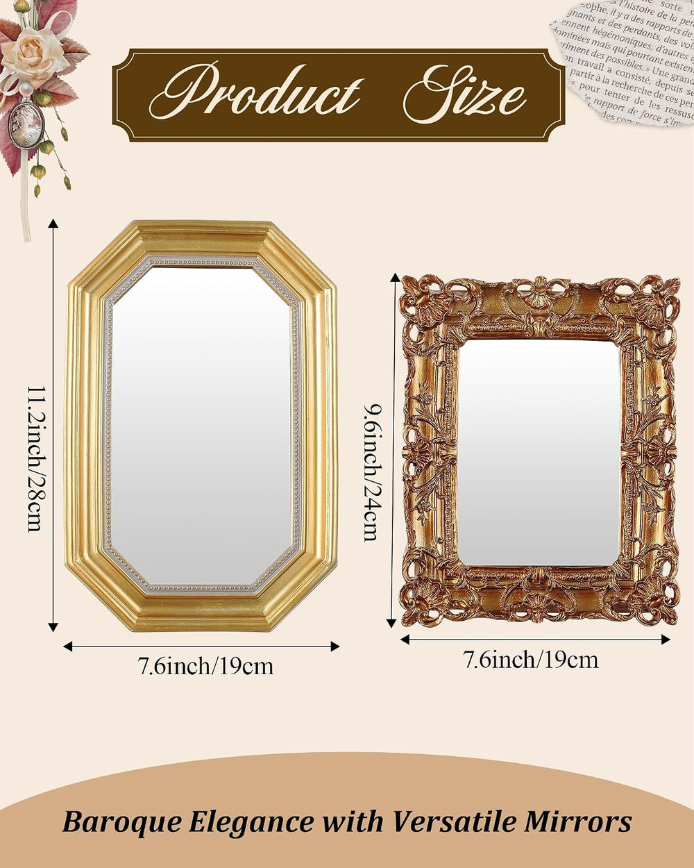 3 Pcs Vintage Gold Wall Mirror Set, Court Baroque Style