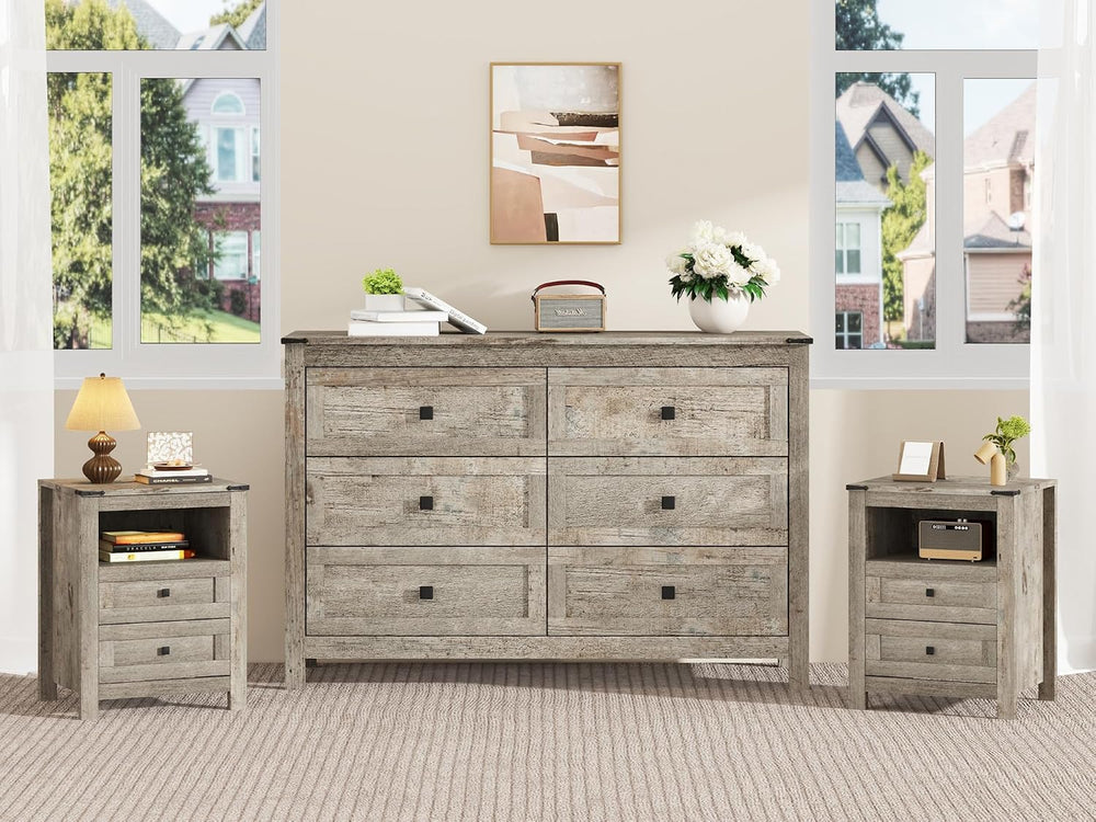 EazeHome 3 Piece Bedroom Furniture Set, Farmhouse 6 Drawer Dresser and 2 Draw...