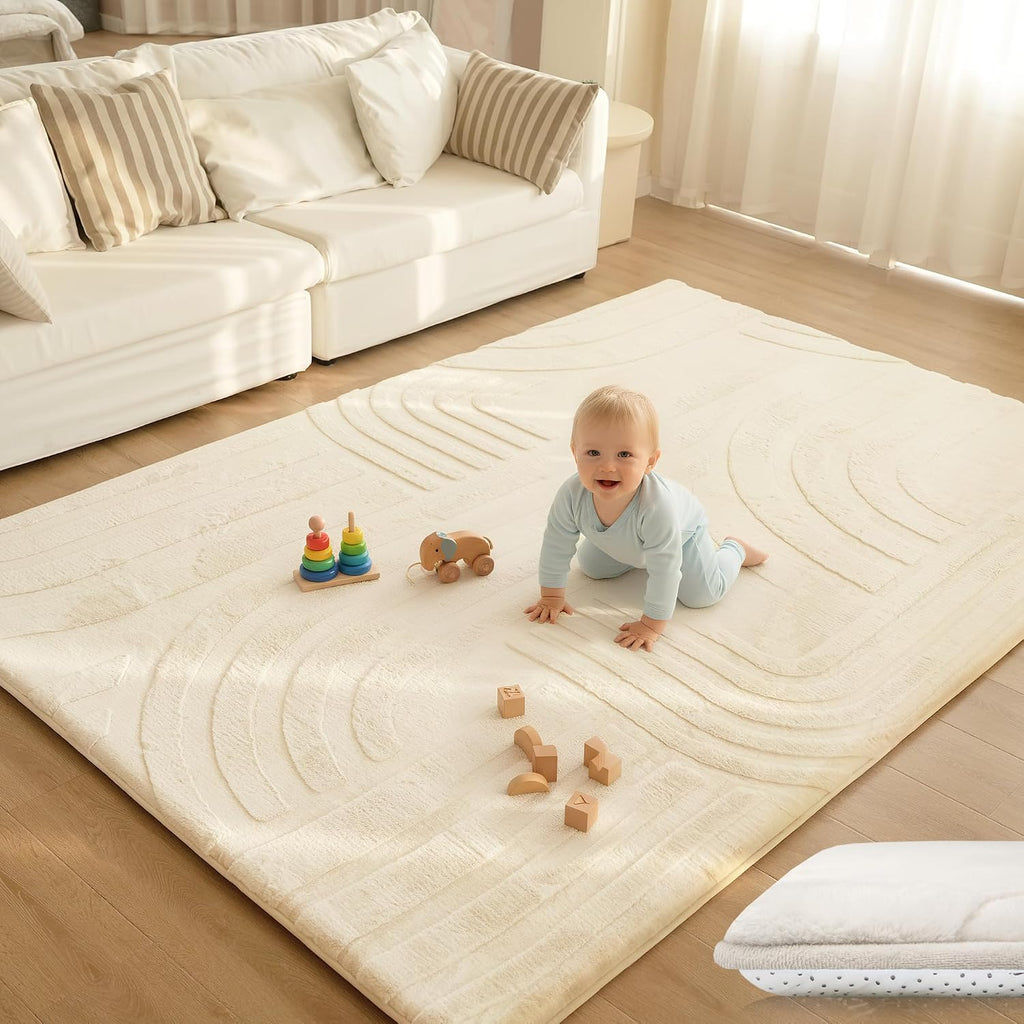 Huloo Sleep 1.3" Extra Thick Fluffy Baby Play Mat for Floor,6'×9'Large Padded Kids Rug with Ultra Soft 3D Carved Faux Rabbit Fur,Non-Slip Carpet Nursery Rug Area Rug for Playroom Living Room(Cream)
