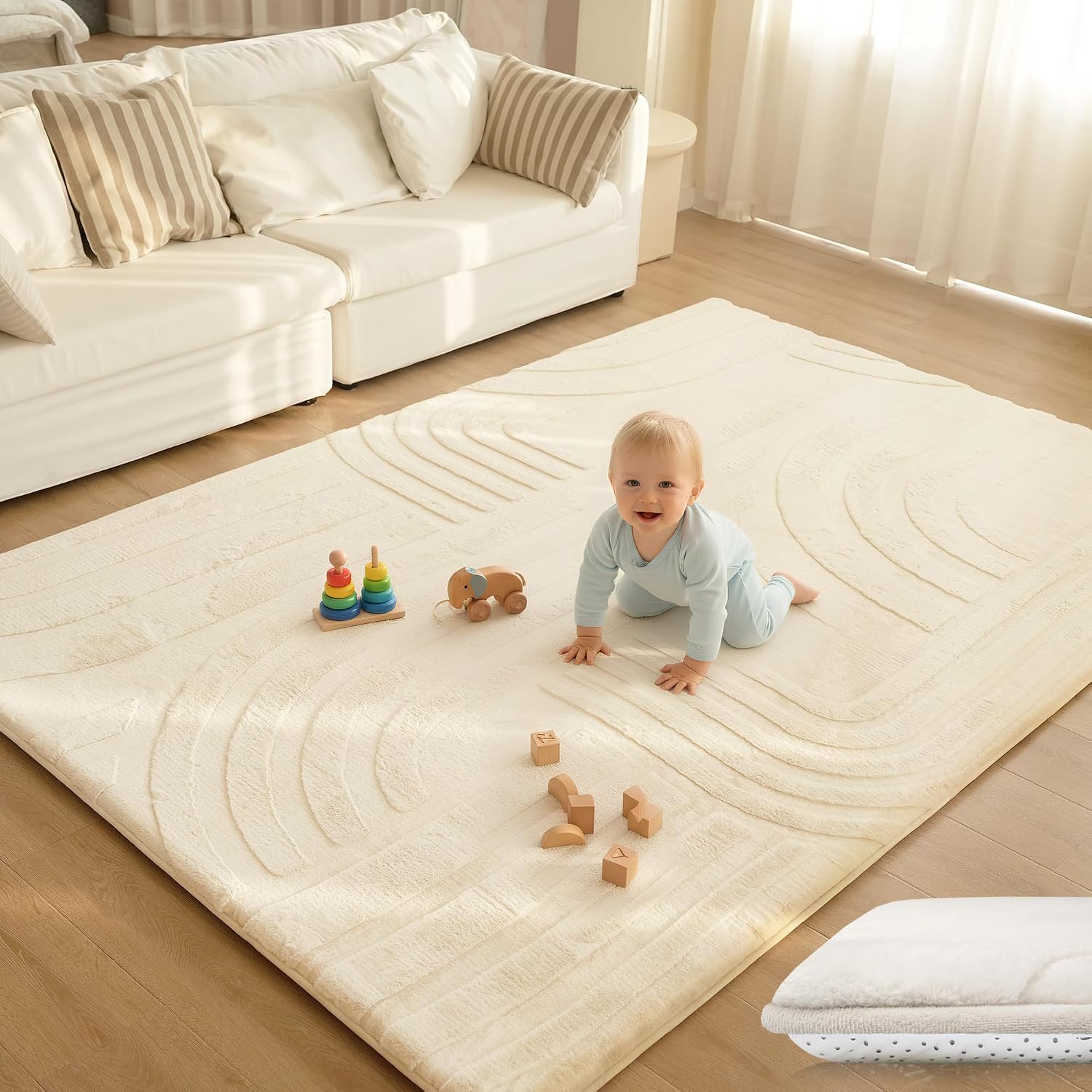 Huloo Sleep 1.3" Extra Thick Fluffy Baby Play Mat for Floor,6'×9'Large Padded Kids Rug with Ultra Soft 3D Carved Faux Rabbit Fur,Non-Slip Carpet Nursery Rug Area Rug for Playroom Living Room(Cream)