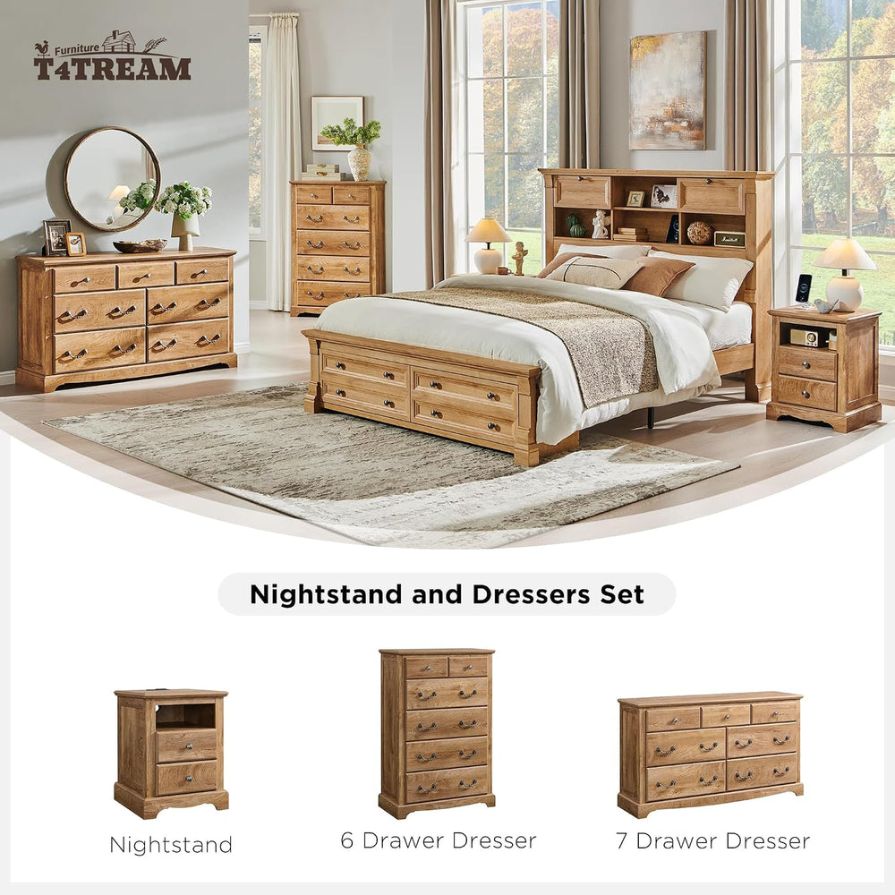 T4TREAM 54" Wide 7 Drawers Dresser Chests for Living Room, Light Knotty Oak