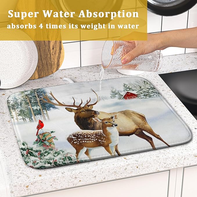 Giwawa Winter Deer Dish Drying Mat 16"x18" Xmas Tree Bird Holly Berry Dish - Image 7