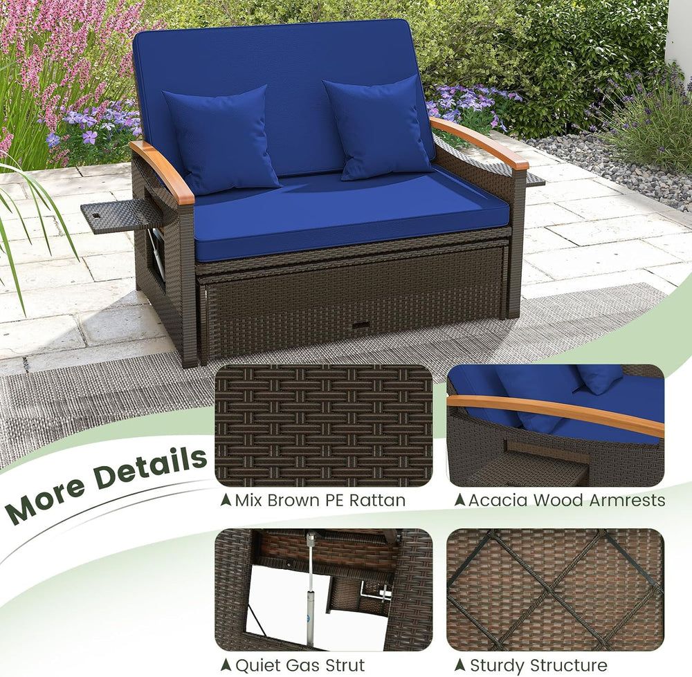 Tangkula Patio Rattan Daybed, Outdoor Wicker Loveseat, Mix Brown & Navy