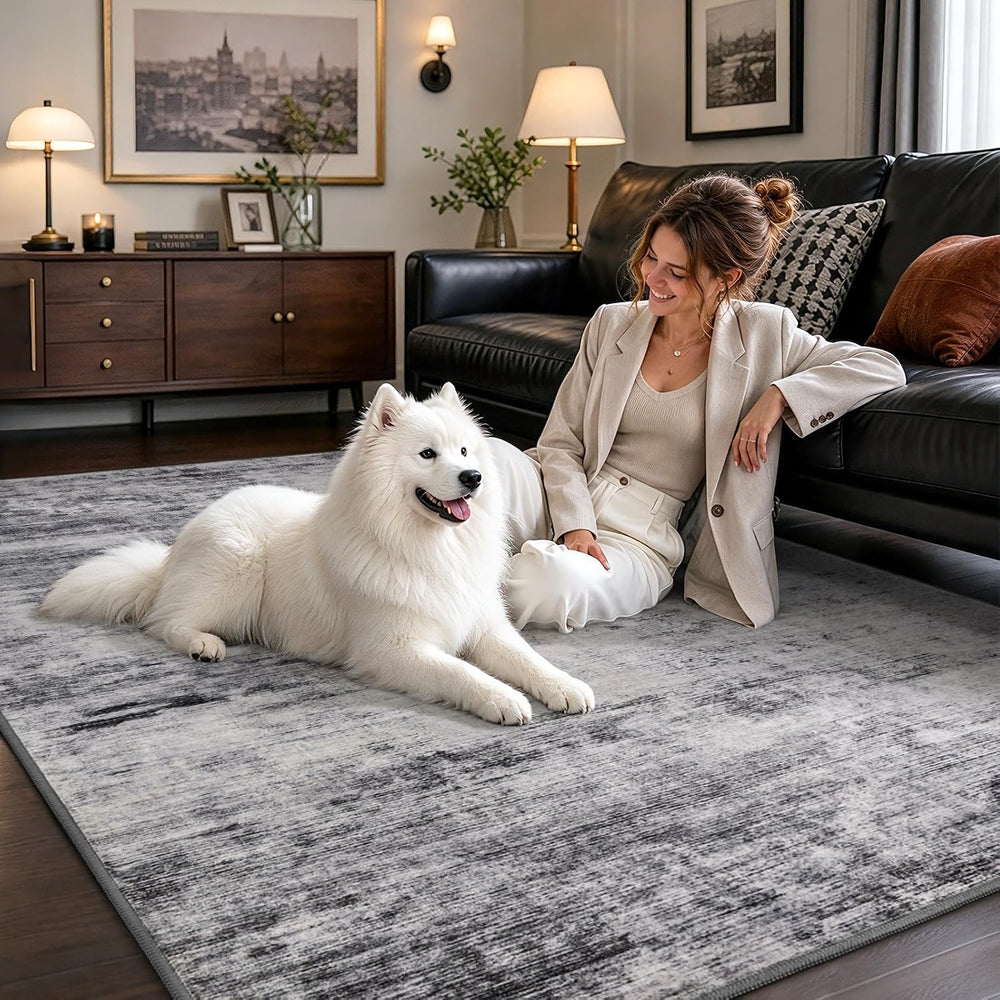 Toneed Washable 6x9 Grey Area Rug with Non-Slip Backing for Living Room