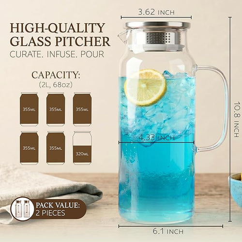 2 Pack Glass Pitcher with Lid and Handle, 68oz 2 Liter Borosilicate Glass Water - Image 2
